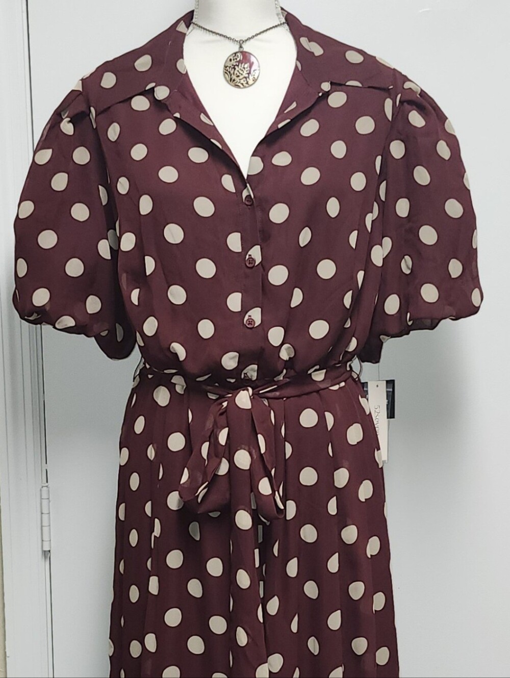 Polka Dot Tie-Waist Dress in Burgundy and Cream